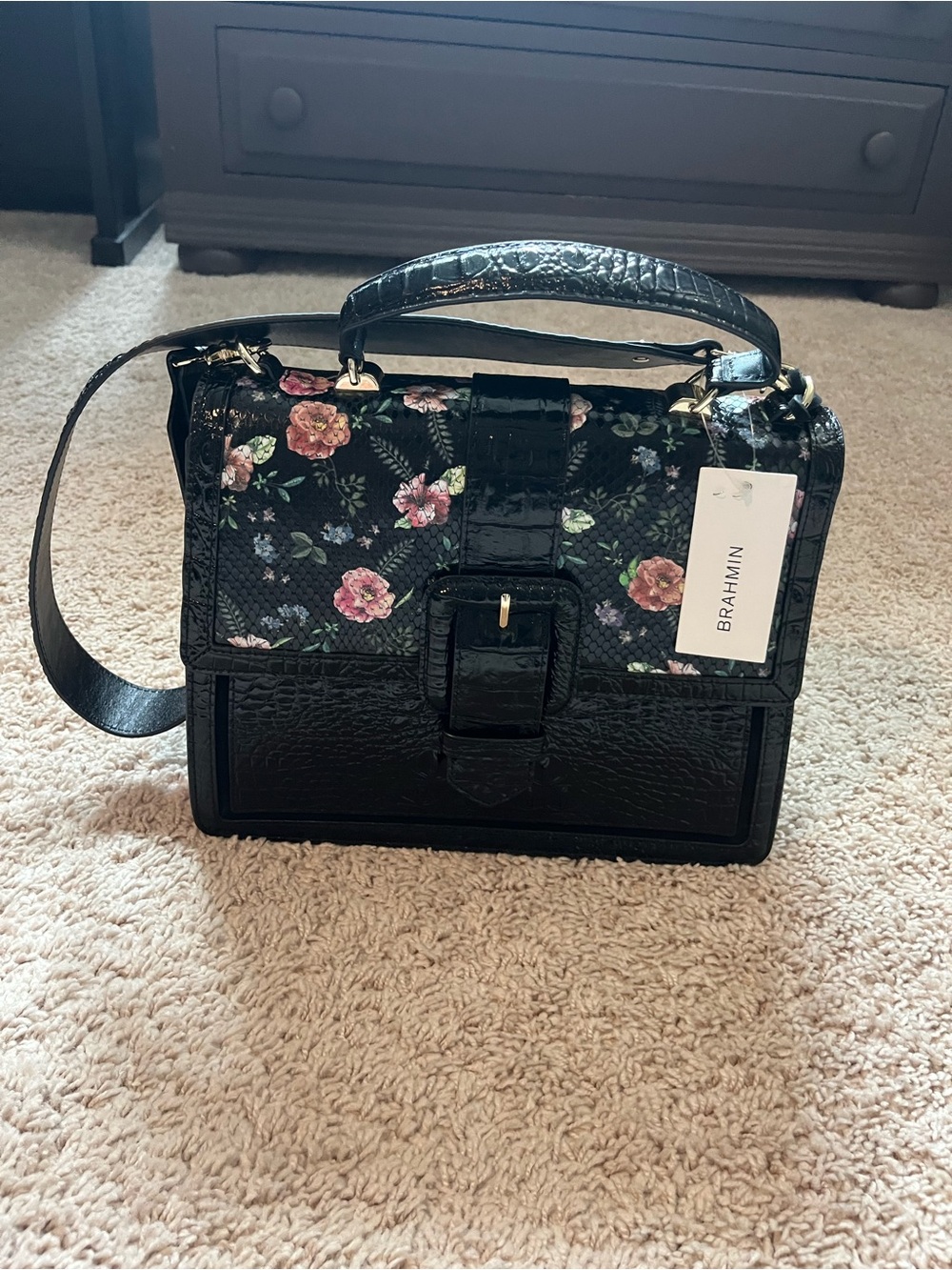 Brahmin Black Floral Croc-Embossed Leather Satchel